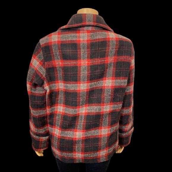 Vintage WoolRich Pea Coat Plaid Wool double breasted Burgundy Black gray size L - Picture 13 of 17